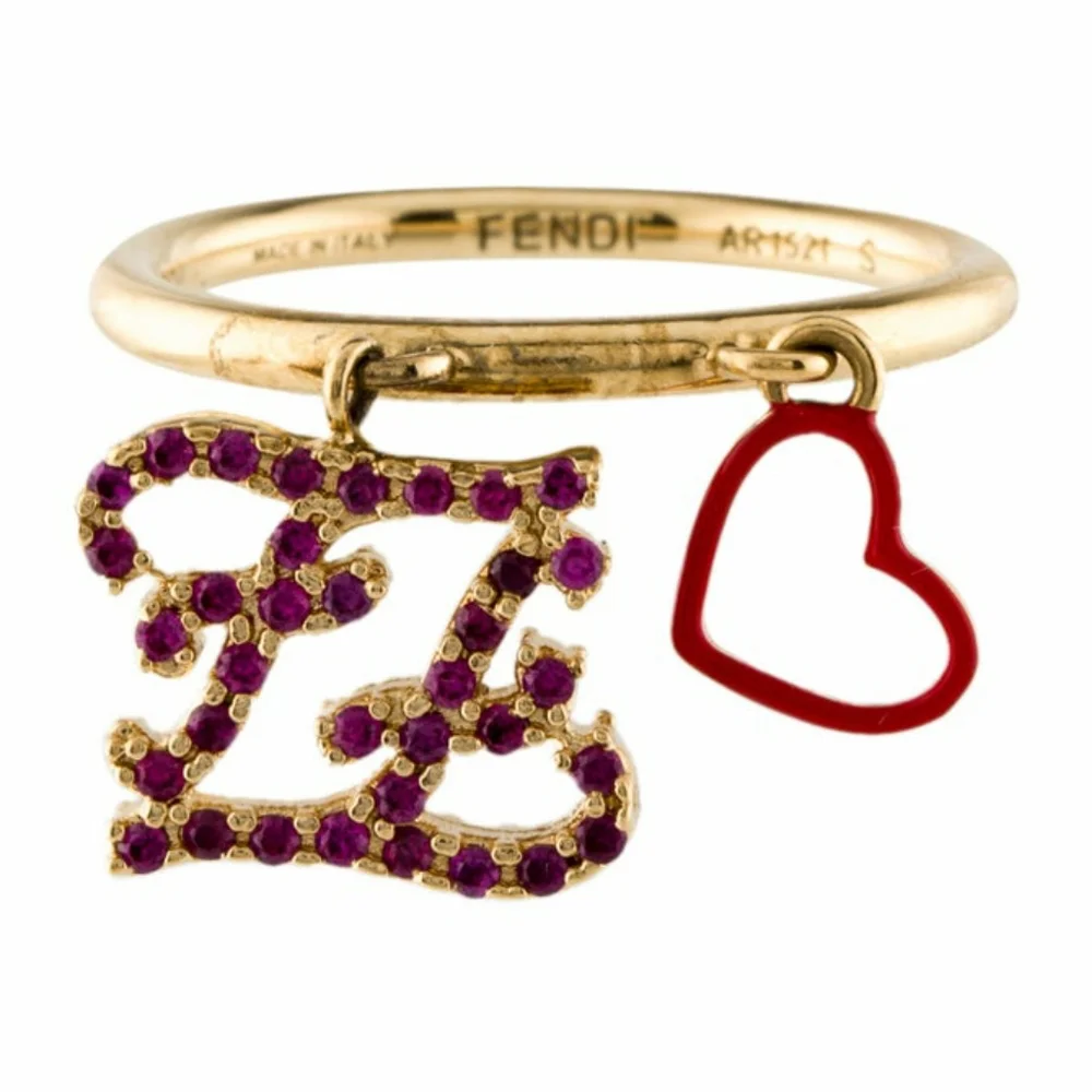 FENDI CRYSTAL & ENAMEL LOGO HEART CHARM RING